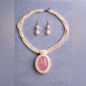 Freshwater Pearl Necklace & Earrings Set with Rose Quartz